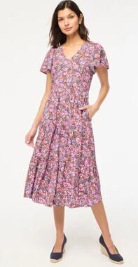 J Crew Flutter-Sleeve Tiered Midi Floral Multicolor Dress Size 10